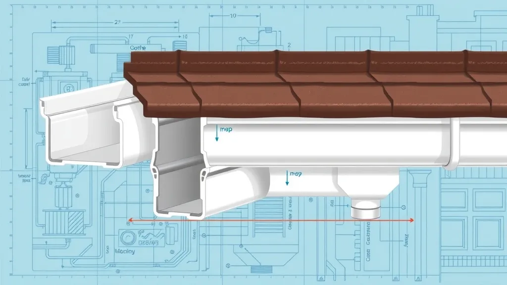 Detailed cross-section of box gutter, K-style, industrial gutter profiles in Carlsbad NM, labeled with water flow arrows, blueprint technical drawing style