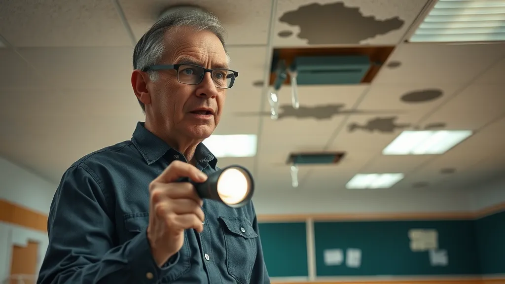 Concerned school administrator in Carlsbad NM examining stained classroom ceiling tiles under leaking roof, urgent, flashlight, water puddle forming, soft indoor lighting