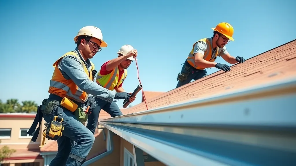 Professional roofing team installing commercial gutters on large Carlsbad NM school, safety gear and teamwork, school campus in background, crisp daylight