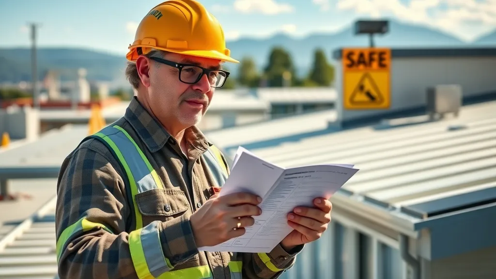 Official building inspector with checklist reviewing school roof and gutter installation in Carlsbad NM, safe rooftop work zone, mountains in distance