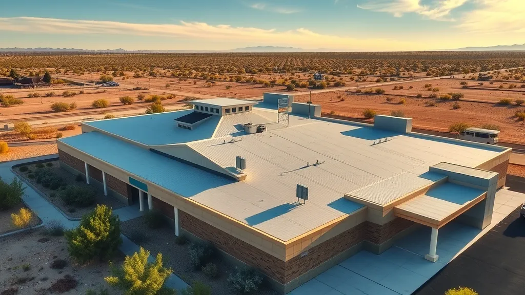 Aerial view of modern school with newly replaced commercial roofing in Carlsbad, NM. Roof replacement project displays impeccable structural details and modern materials, surrounded by sunlit desert landscape.