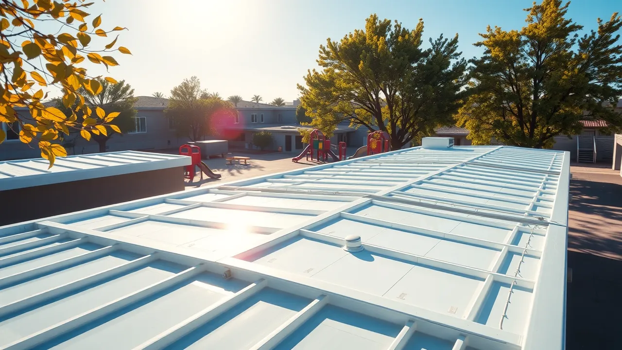 Energy-efficient commercial roof installed by Design Roof Services LLC on Carlsbad, NM school, with modern membranes, playground and trees in background.