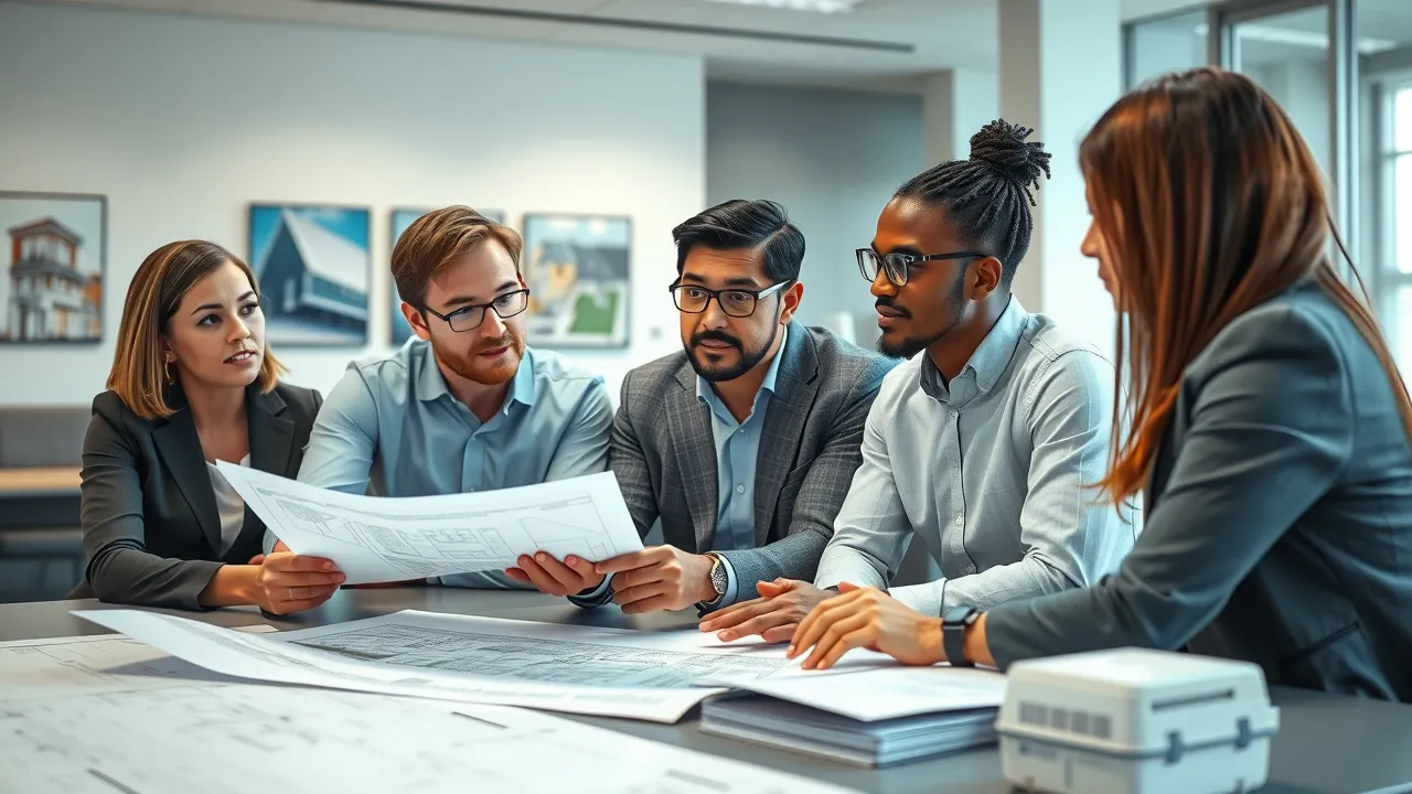 School administrators working with a roofing consultant to plan a commercial roof replacement project in Carlsbad, NM. Collaborative blueprint review in a modern office setting.