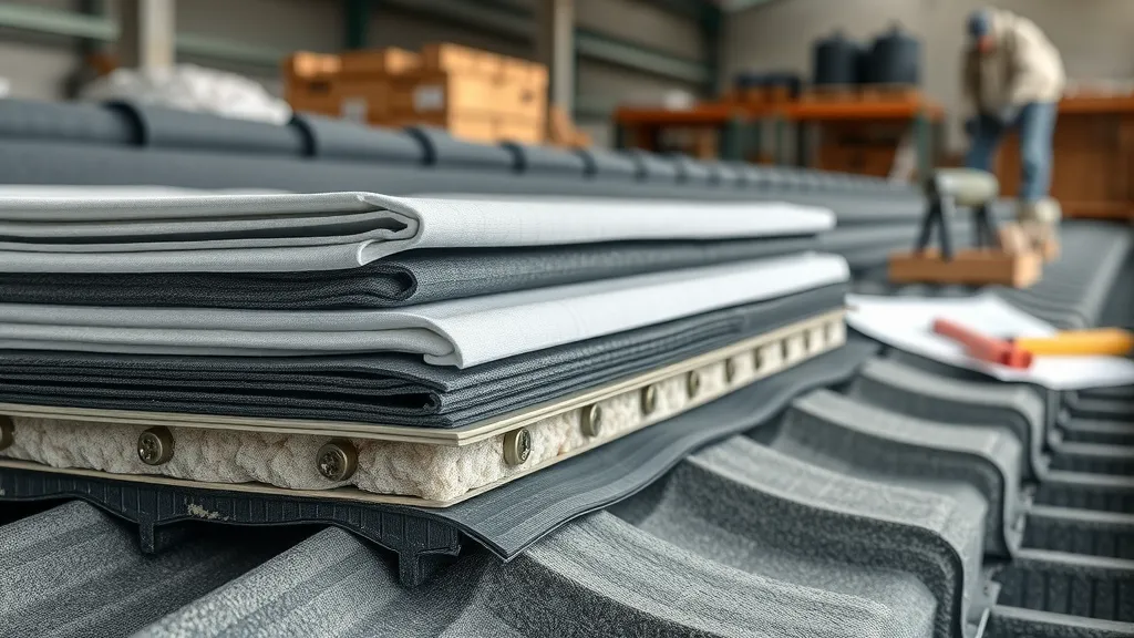 Closeup of commercial roofing materials used in Carlsbad, NM school projects—waterproof membranes, insulation, fasteners, arranged atop industrial plans, emphasizing quality commercial roof replacement.