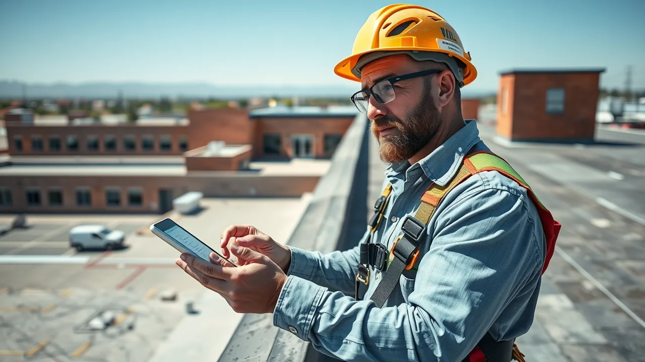 Experienced roofing contractor in Carlsbad, NM inspecting school roof for compliance and safety using tablet and harness, skyline in background, commercial roof replacement in progress.