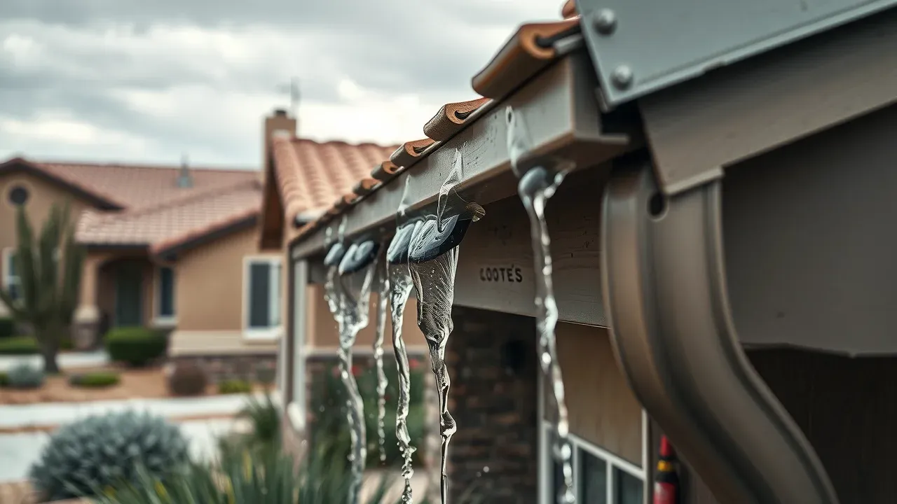 Overflowing gutters with homeowner inspecting water damage in Carlsbad New Mexico residential area under cloudy sky, water pouring over edges, desert plants visible