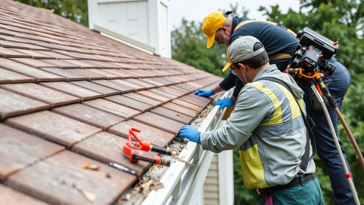 Professional team cleaning and inspecting gutters on a Carlsbad New Mexico home, sunny day, desert landscaping, ladders and tools in view