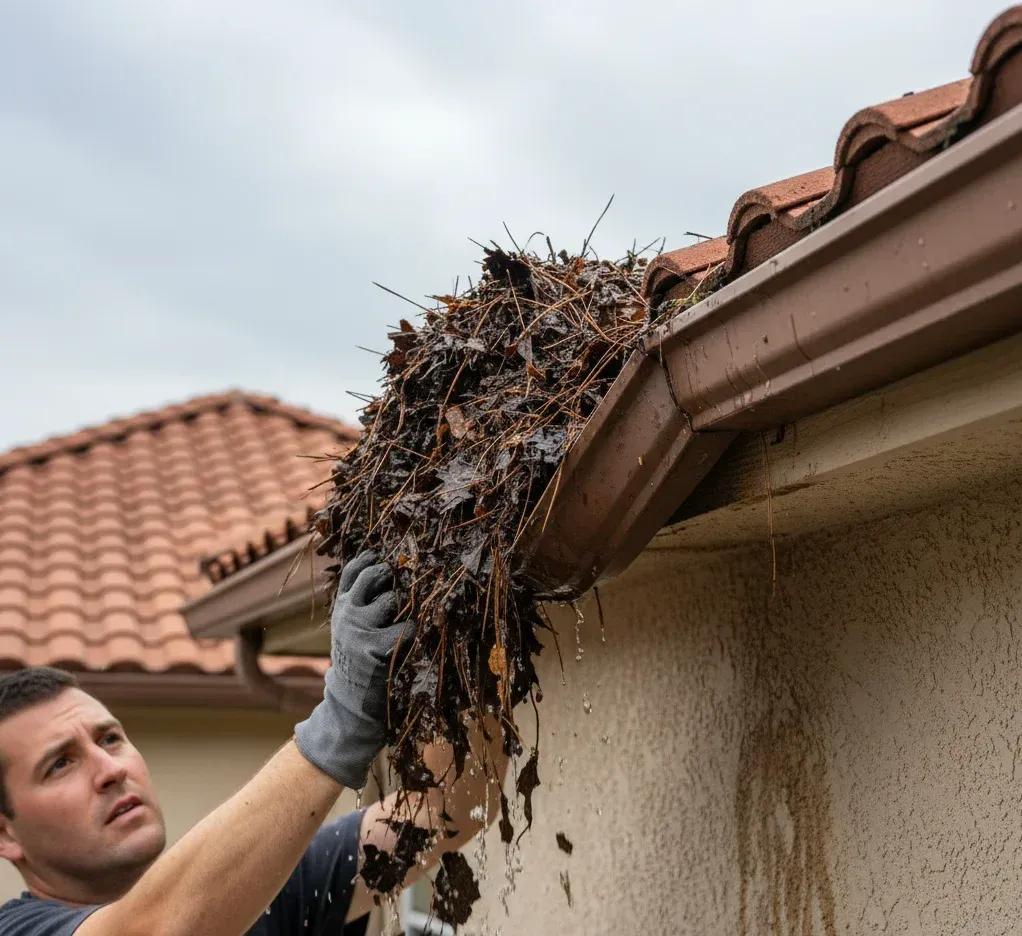clogged and sagging alumiium gutter —  gently pulling debris from a gutter with gloves