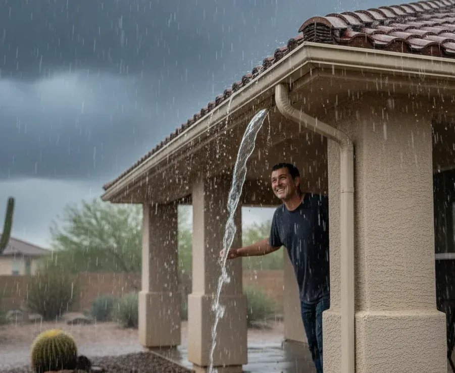 Dynamic action shot of a heavy rainstorm hitting a Carlsbad property with intact, functional gutters — sense of relief on homeowner's face, observing water flowing properly through clean downspouts
