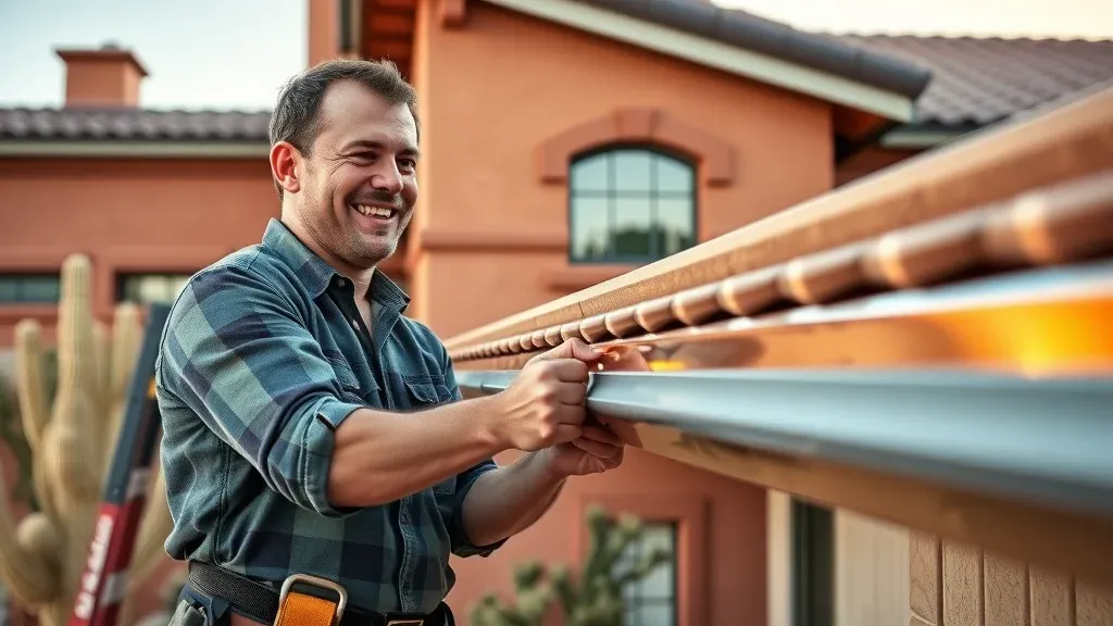 Professional installer aligning seamless copper gutter on Southwest-style Carlsbad home, terracotta, sage landscaping, afternoon sun