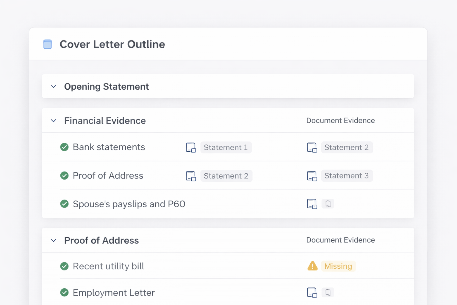 Structured immigration cover letter aligned with supporting documents