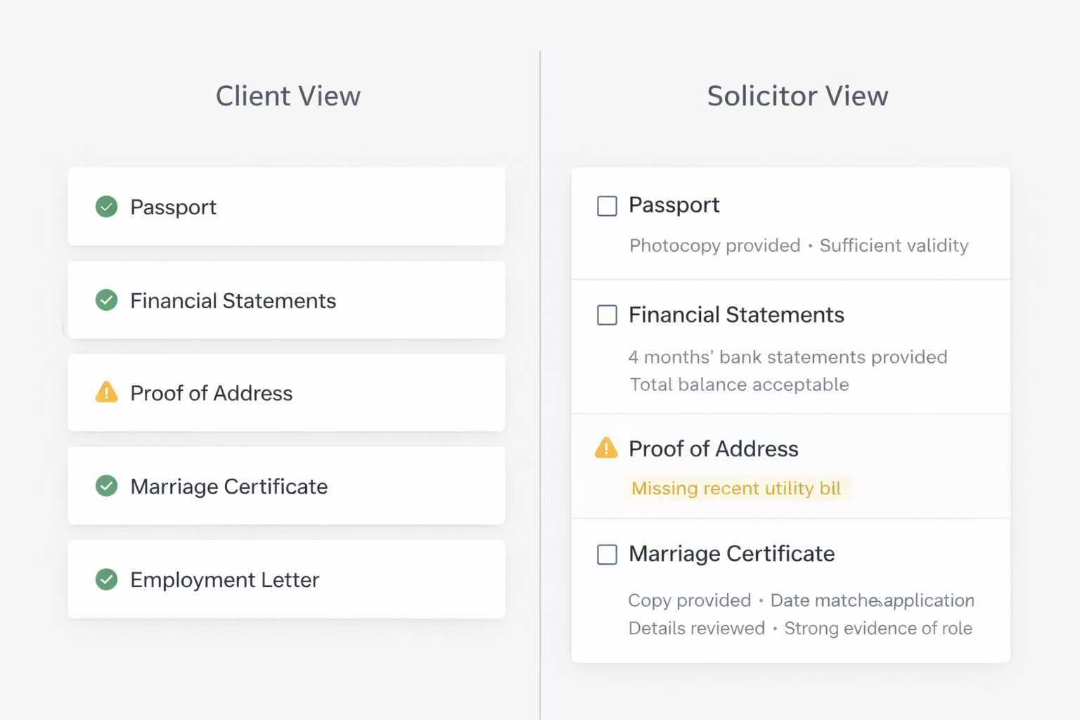 Client and solicitor views of the same immigration document checklist with different levels of detail