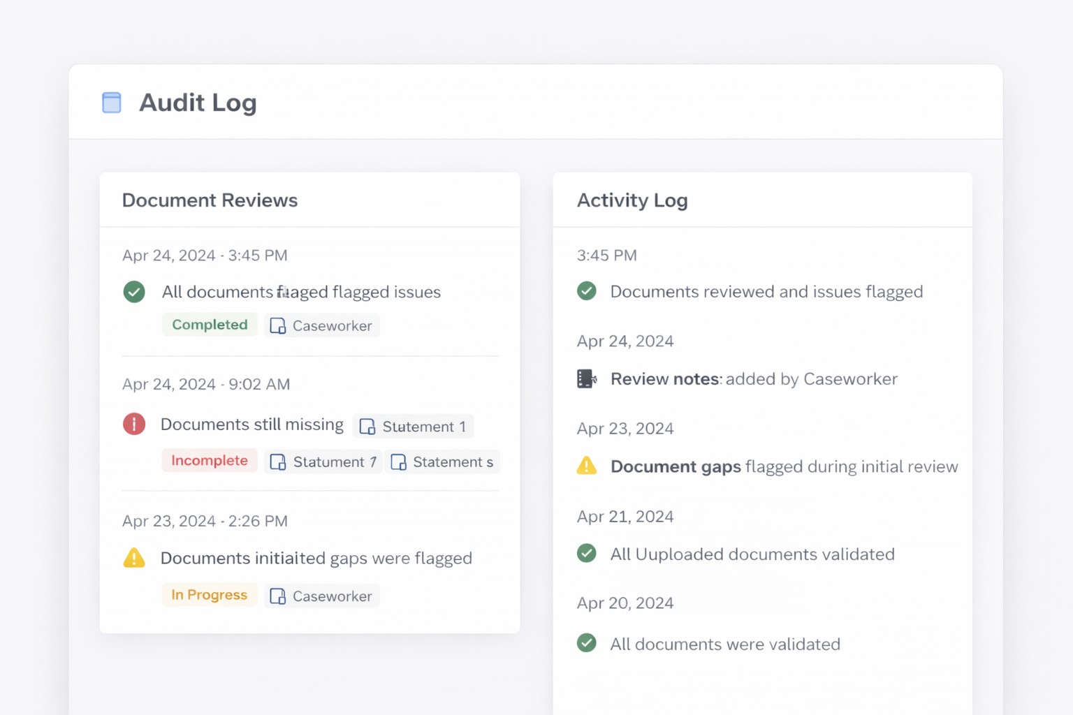 Audit log showing immigration document review history and compliance records
