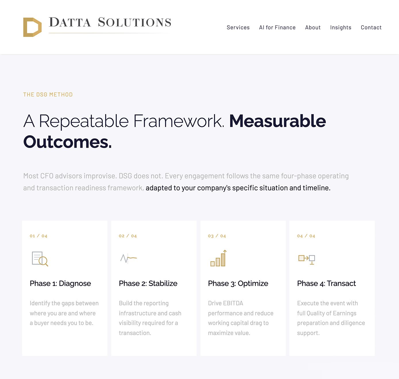 Datta Solutions Group website interior page — dark navy design system with copper accent details