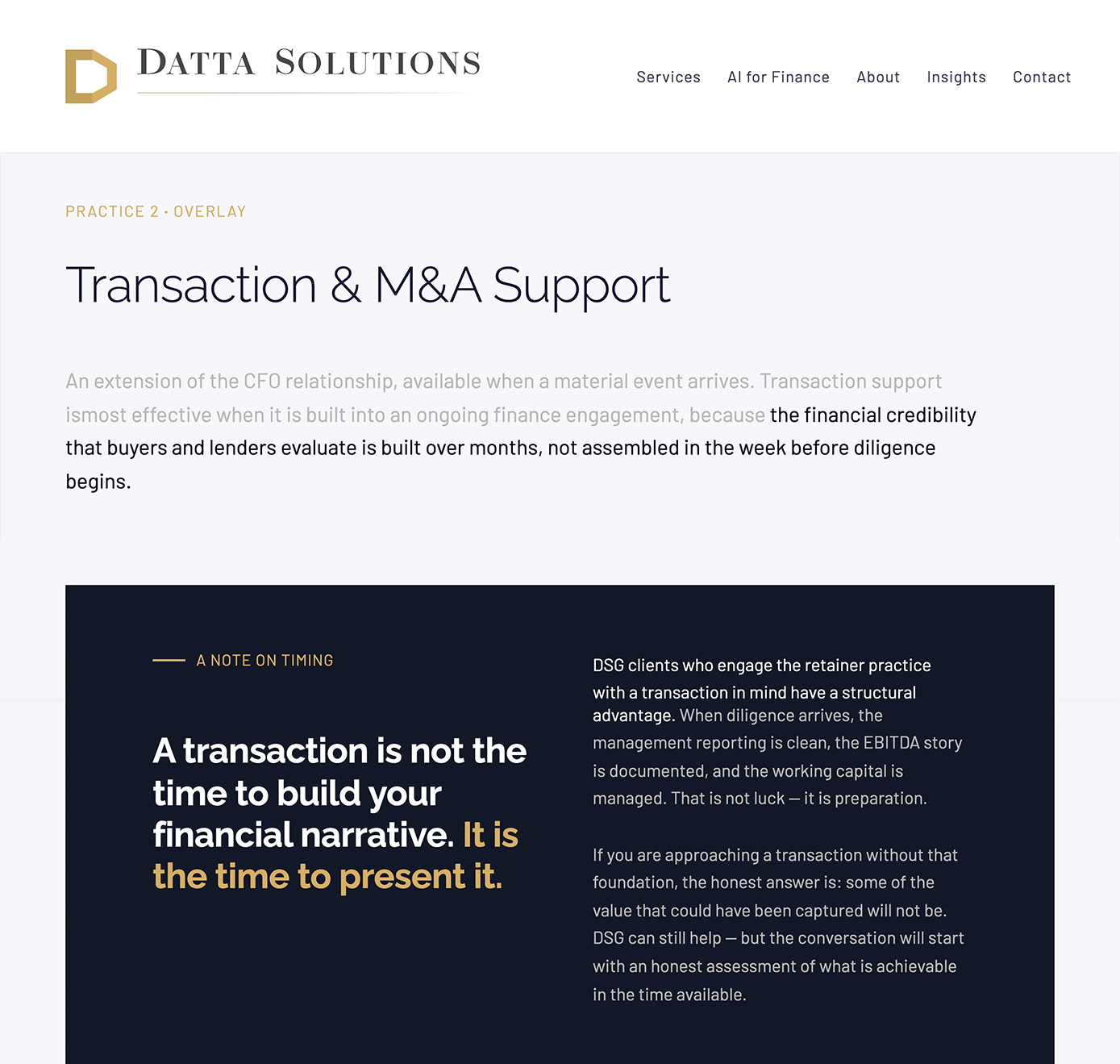 Datta Solutions Group website services section — UX/UI design with industrial grid and typographic hierarchy