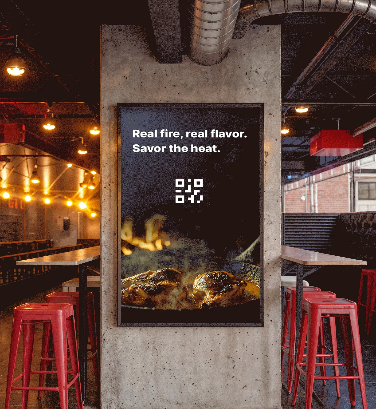 Woodfire Counter digital menu display — environmental graphic design for contemporary dining concept