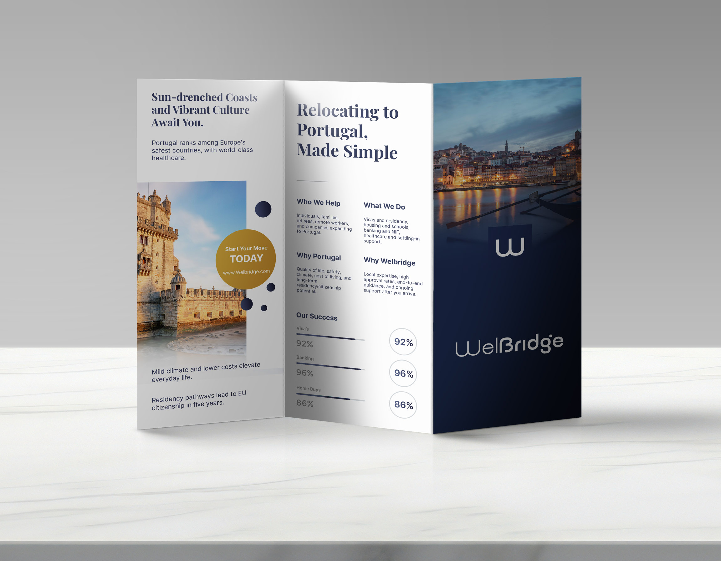 Welbridge trifold brochure — marketing collateral for Portuguese residency and relocation services
