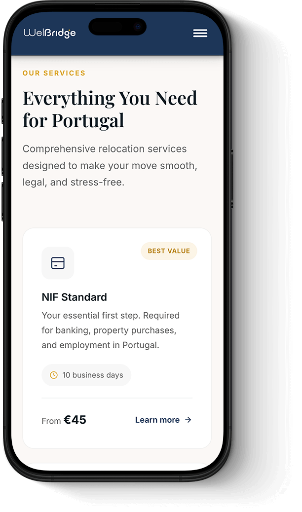 Welbridge mobile app interface — digital product design for relocation platform