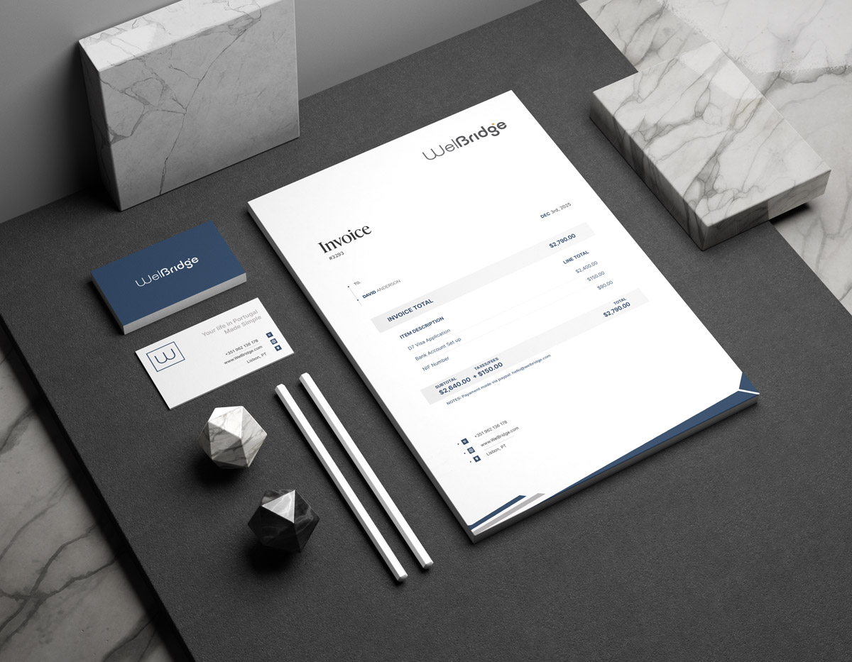 Welbridge branded stationery package — letterhead, envelope, and business cards with visual identity system