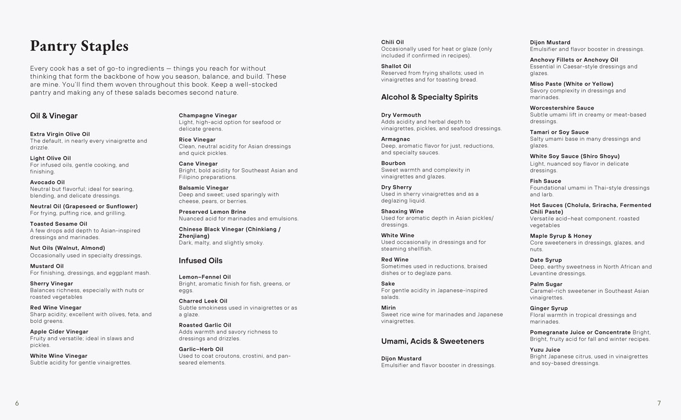 The Salad Manifesto pantry staples reference page — typographic layout listing oils, vinegars, grains, and spices