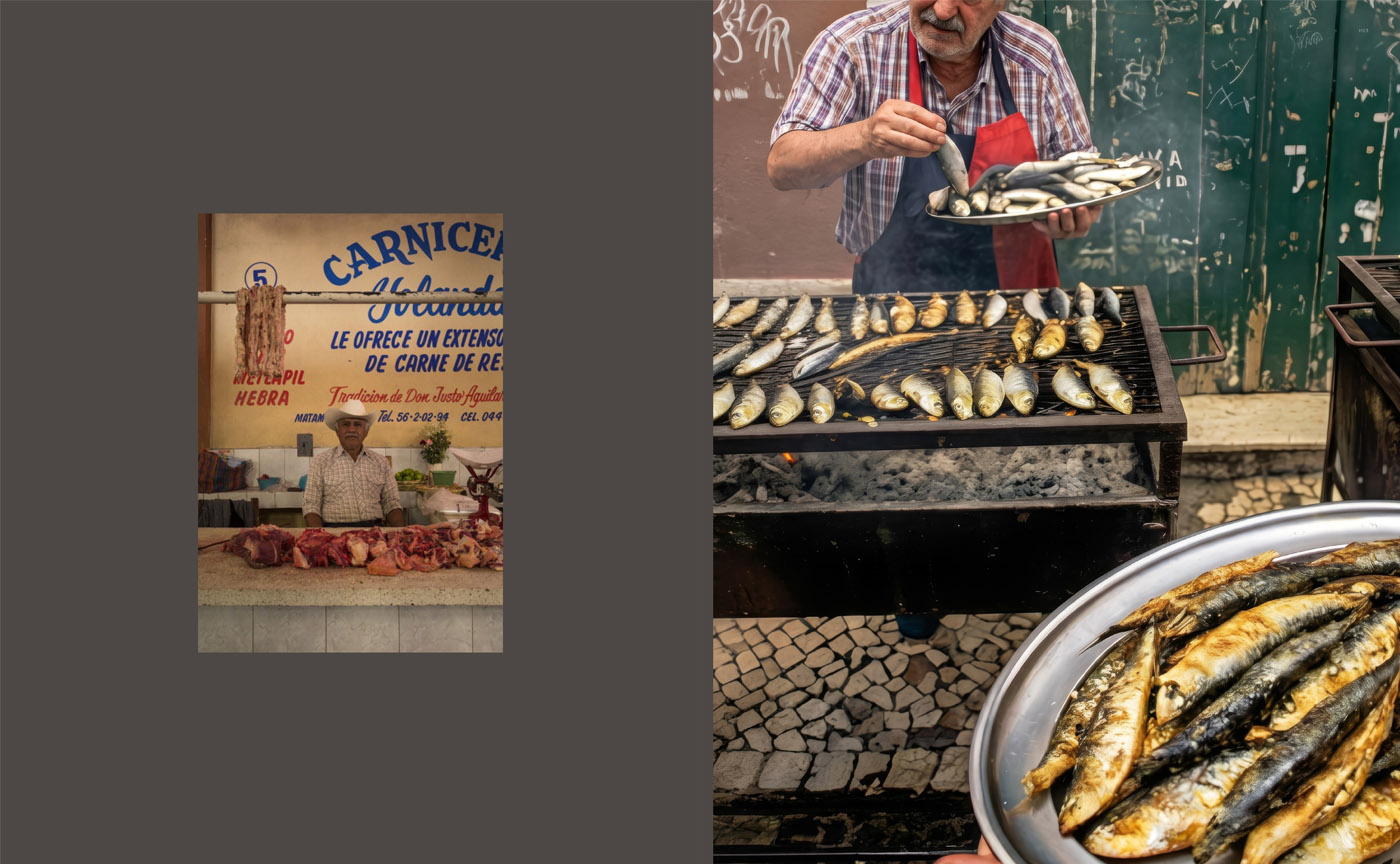 The Salad Manifesto interior spread — Portuguese market sardines and street food photography