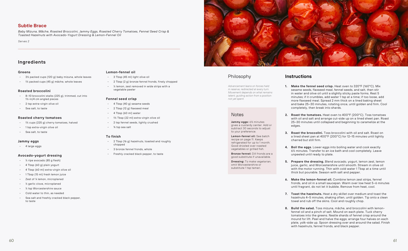 The Salad Manifesto recipe spread — overhead macro photography of roasted cherry tomatoes