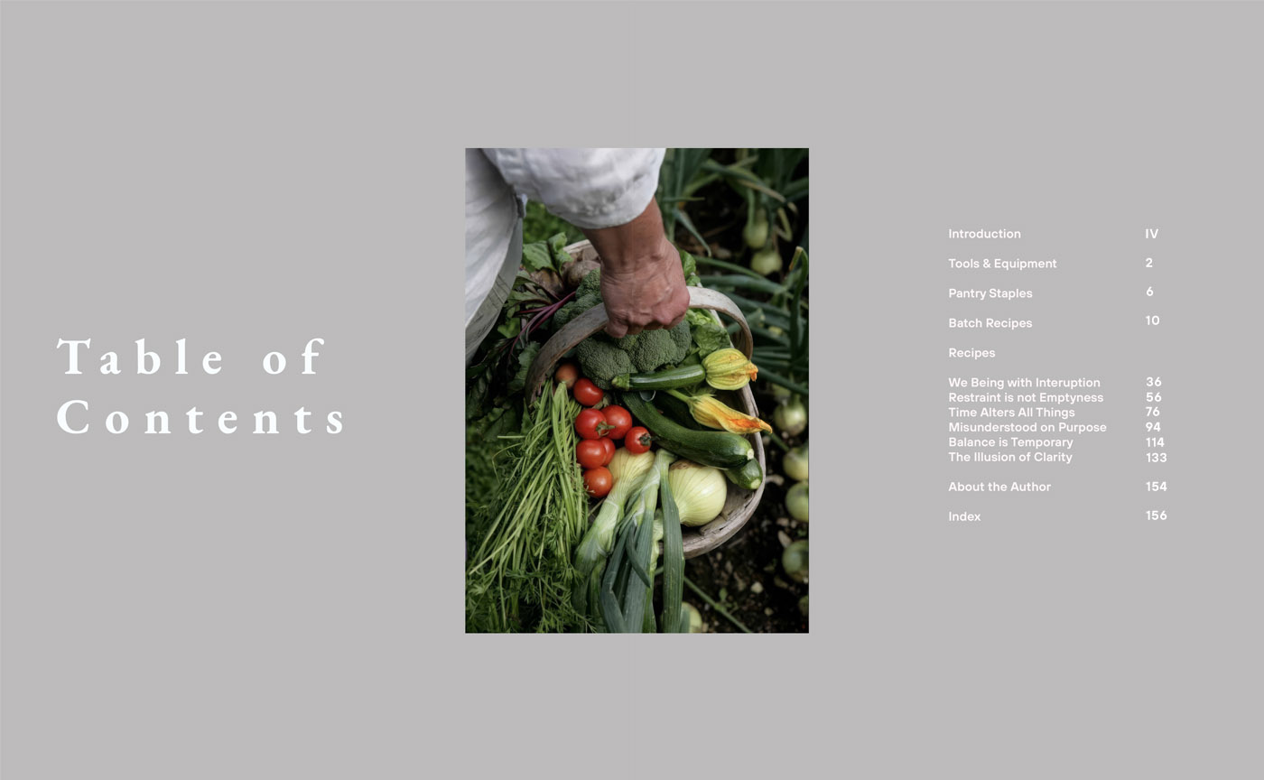 The Salad Manifesto table of contents spread — editorial layout with fresh vegetable photography