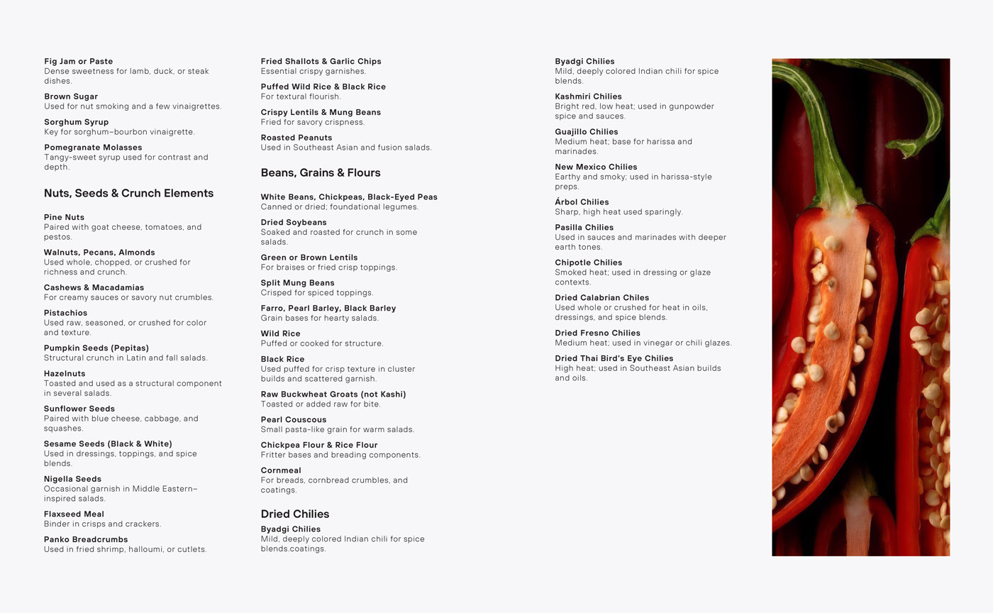 The Salad Manifesto pantry staples reference page — typographic layout listing oils, vinegars, grains, and spices