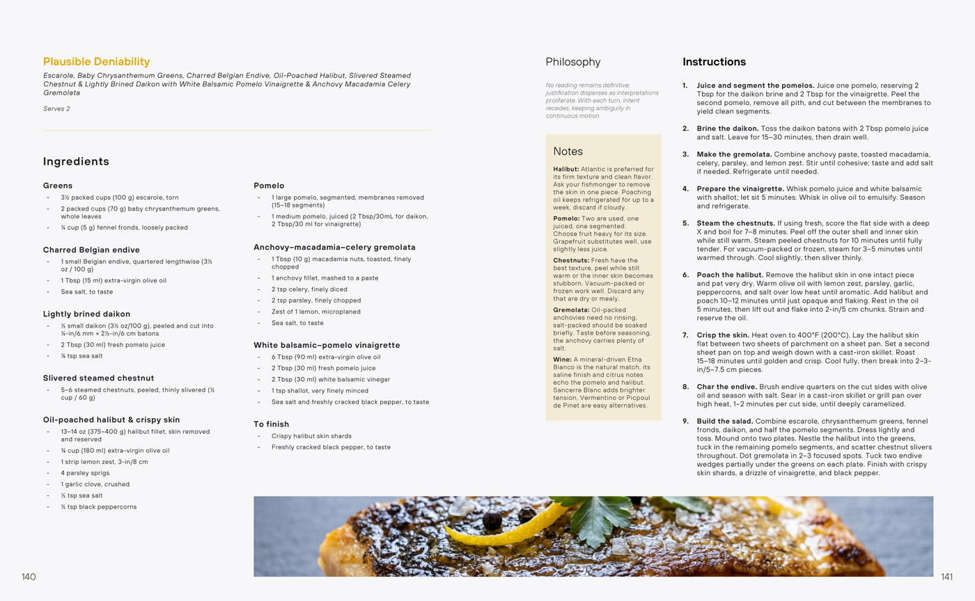 The Salad Manifesto Plausible Deniability recipe spread — oil-poached halibut with pomelo vinaigrette and anchovy macadamia celery gremolata