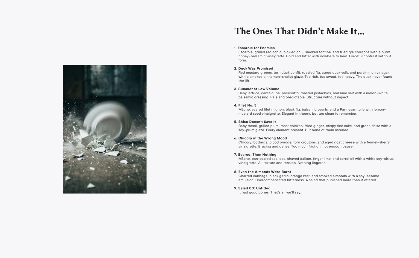 The Salad Manifesto closing spread — broken glass and anchovy photography with editorial typography
