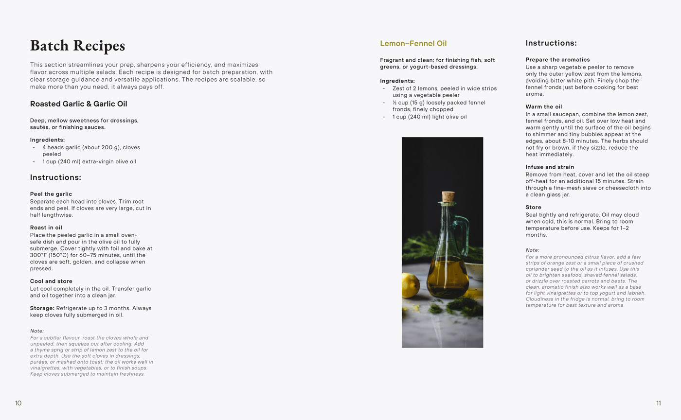 The Salad Manifesto batch recipes spread — roasted garlic oil recipe with typographic hierarchy