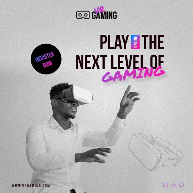 VR Gaming Play The Next Level social ad — gaming campaign with man wearing VR headset