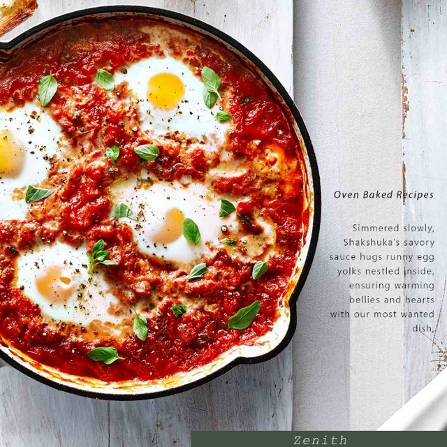 Zenith Shakshuka oven baked recipe — food photography with editorial layout