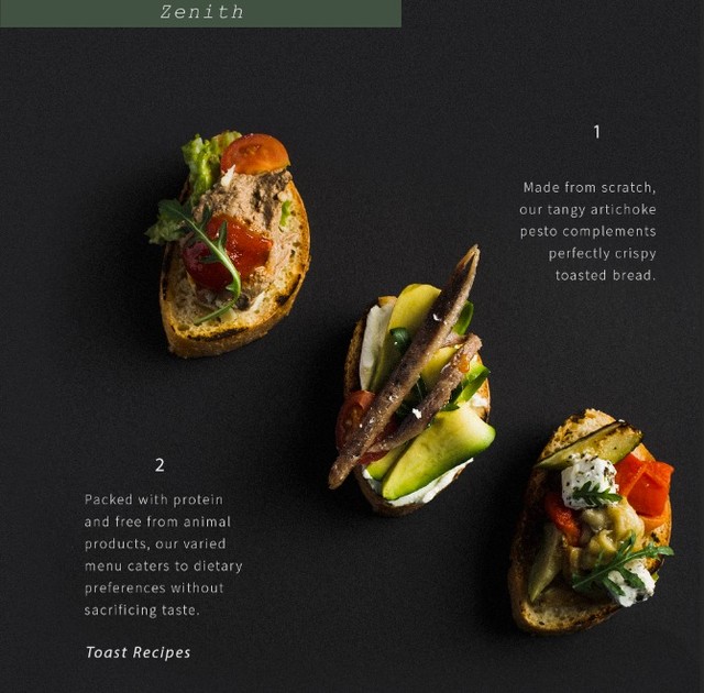 Zenith restaurant toast recipes menu — editorial food photography with dark background