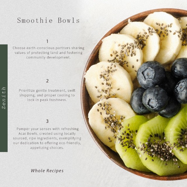 Zenith smoothie bowls menu — editorial layout with overhead acai bowl photography
