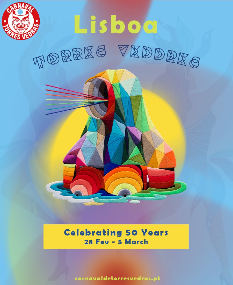Lisboa Carnaval Torres Vedras — colorful geometric carnival poster celebrating 50 years
