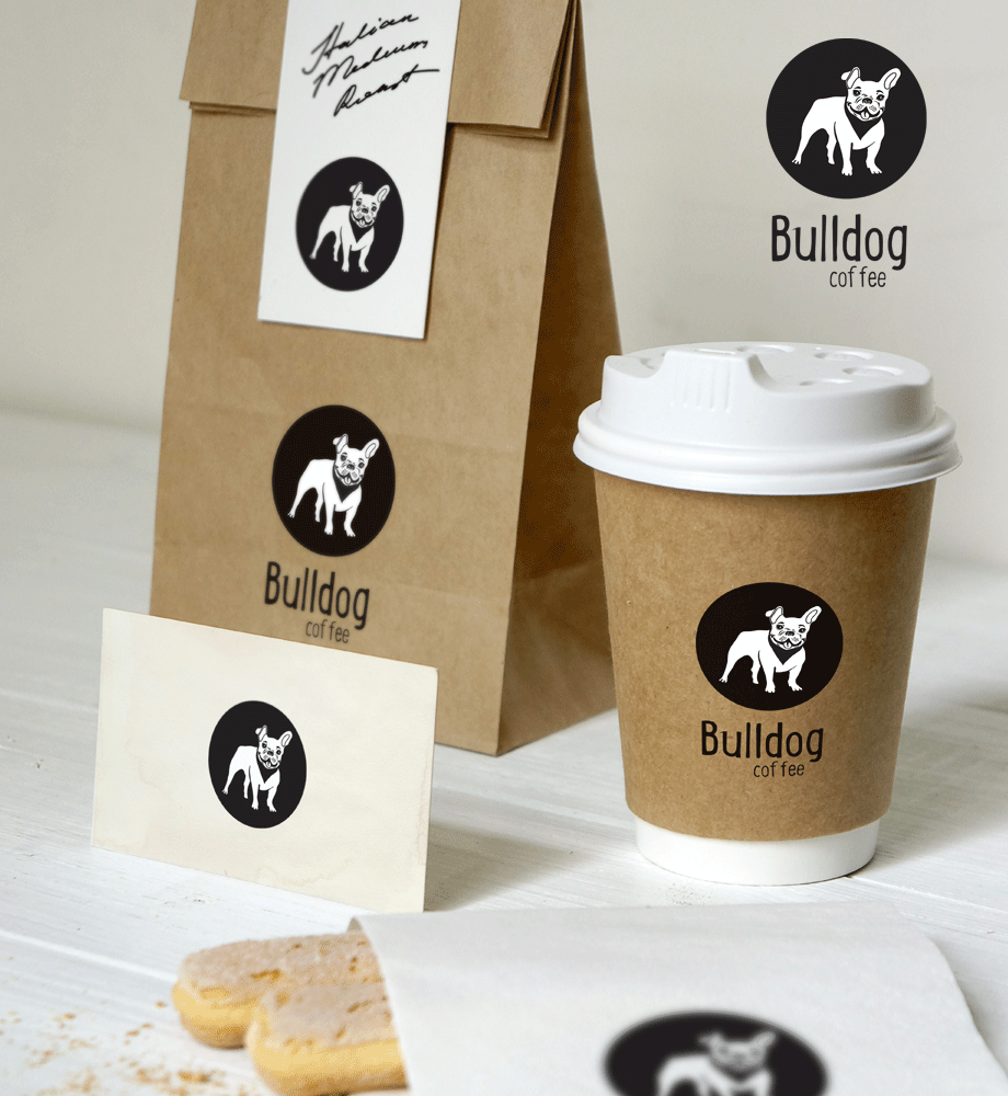 Bulldog Coffee branded packaging — paper bag and cup with brand identity