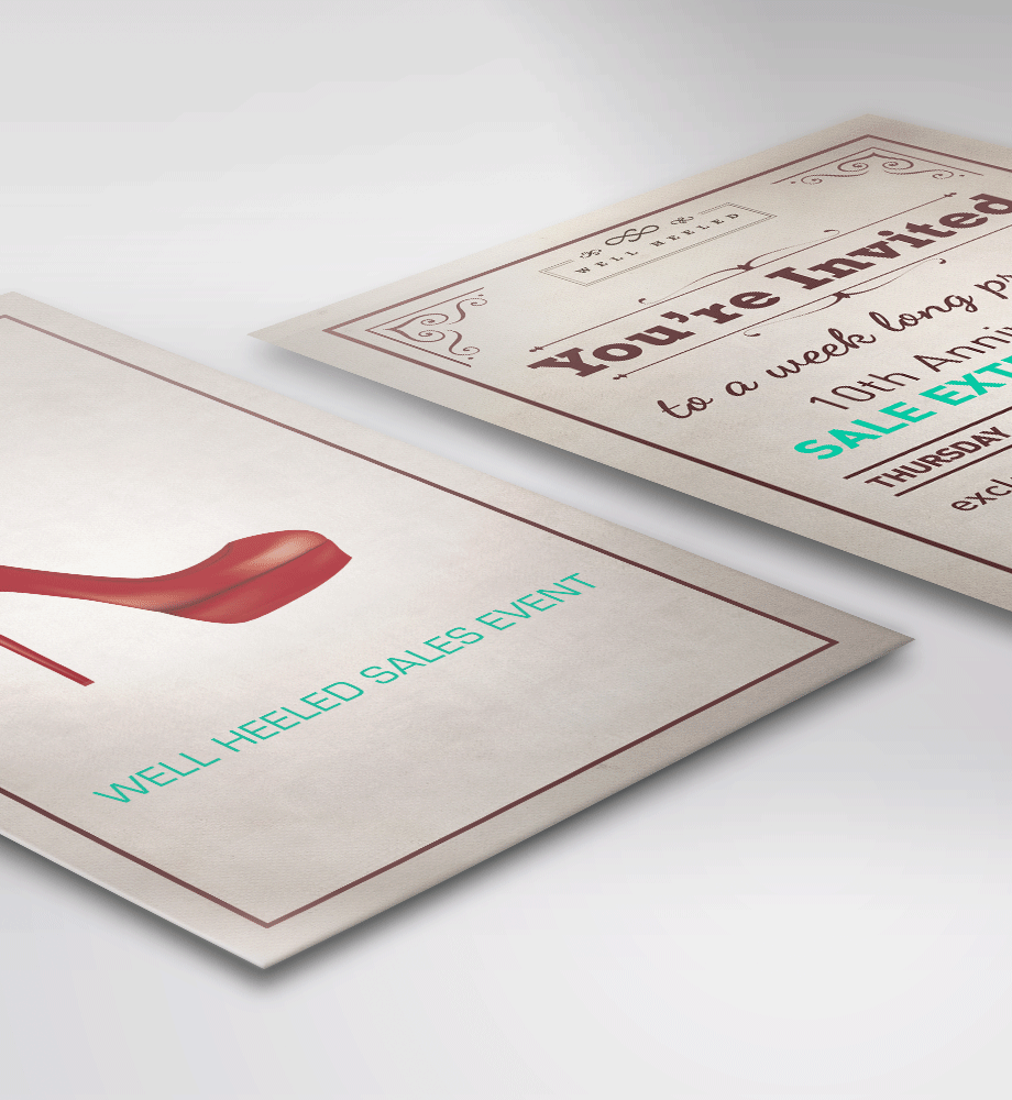 Well Heeled sales event flyer — editorial print design with red shoe illustration