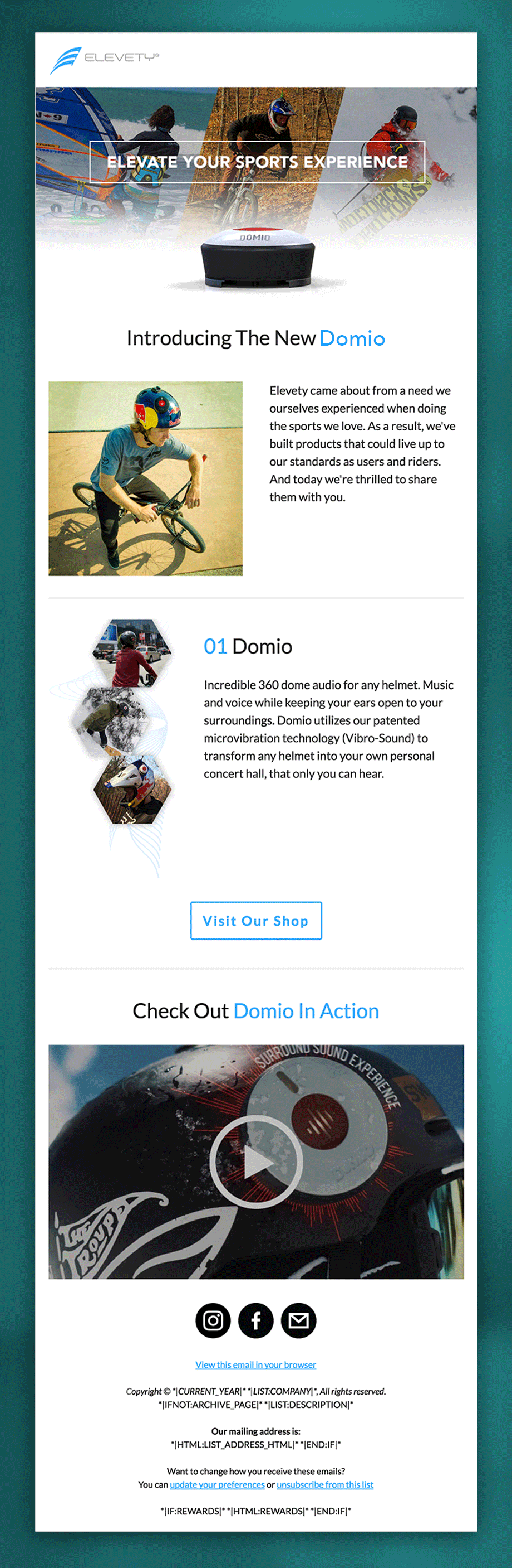 Elevety sports email campaign — product launch email design for Domio helmet audio