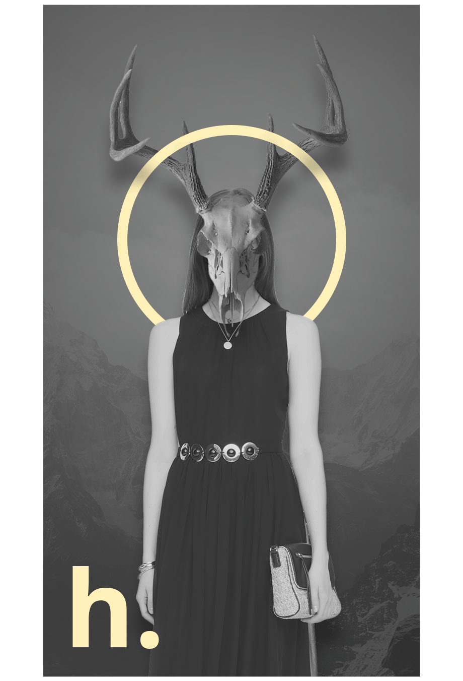 h. discovery fashion editorial — woman with deer skull and antlers in black and white, fashion brand identity