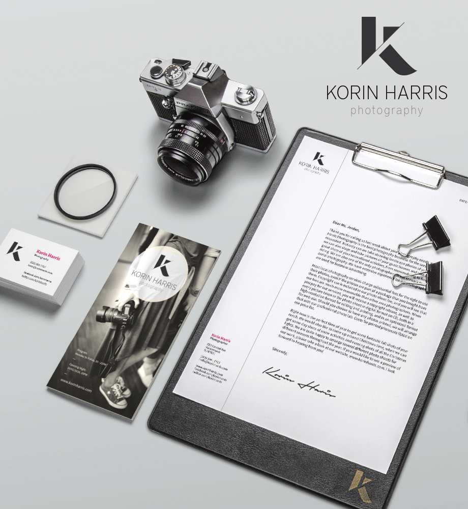 Korin Harris Photography brand identity — stationery package with camera and clipboard