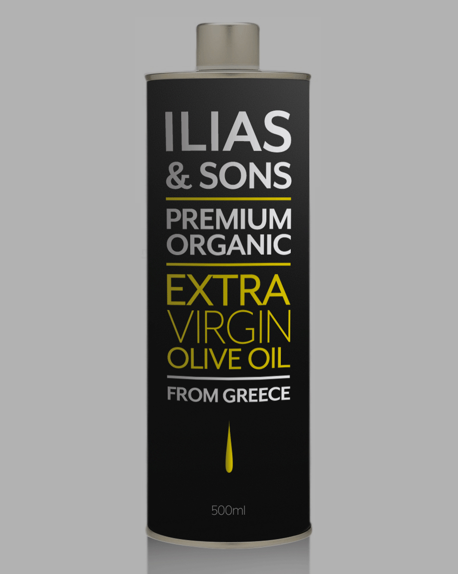Ilias & Sons olive oil bottle — premium organic packaging design front label