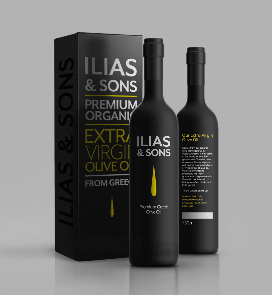 Ilias & Sons premium organic olive oil bottle — product packaging design
