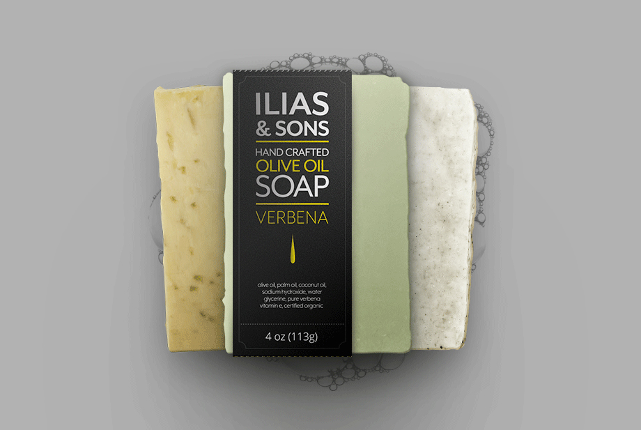 Ilias & Sons olive oil soap bars — product photography with packaging design