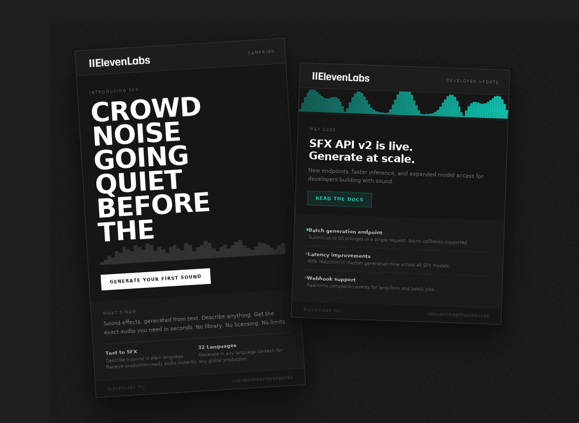 ElevenLabs SFX campaign email and developer update mockups with waveform graphics and bold typography