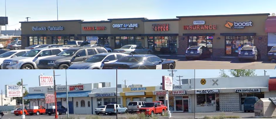 Strip mall storefronts including Bullock's Cocktails, Barber Shop, Orbit Vape, a tattoo shop, insurance agency, and Boost Mobile with parked cars in front.