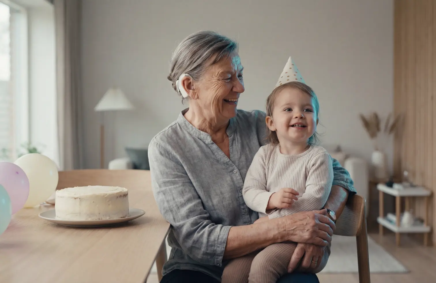 Smiling elderly woman wearing a hearing aid holds a toddler in a party hat near a table with a birthday cake and balloons.