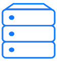 Blue icon of a three-tier server or database stack.