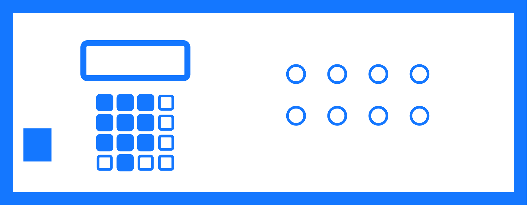 Black audio mixing console with blue-bordered buttons and control knobs, featuring a digital display.