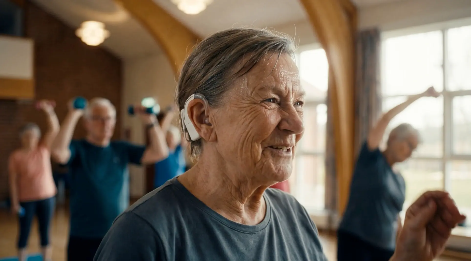 Smiling elderly woman wearing a hearing aid in a group exercise class with other seniors lifting weights in the background.
